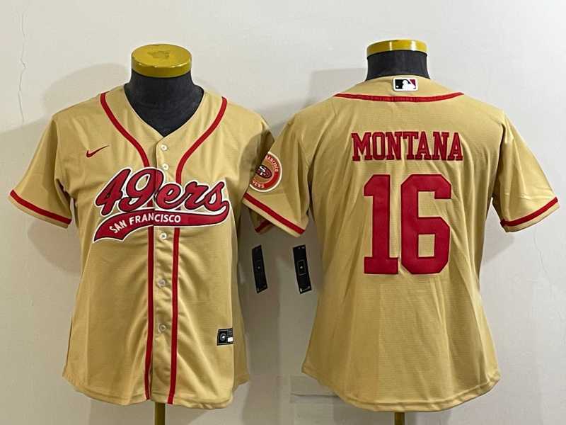 Womens San Francisco 49ers #16 Joe Montana Gold With Patch Cool Base Stitched Baseball Jersey->women nfl jersey->Women Jersey